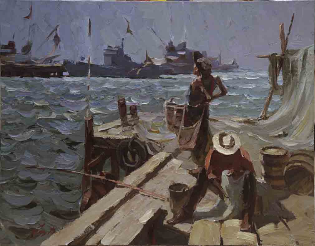 At the dock, canvas, oil. Size: 70x90. Year: 1992