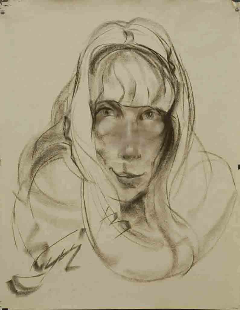 Female portrait. Paper. Brown sauce. Chalk. Size: 65x50. Year: 1997.